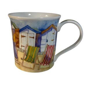 Dunoon Seaside Mug Fine Bone China Beach Huts Deckchairs Emma Ball 3.5" England